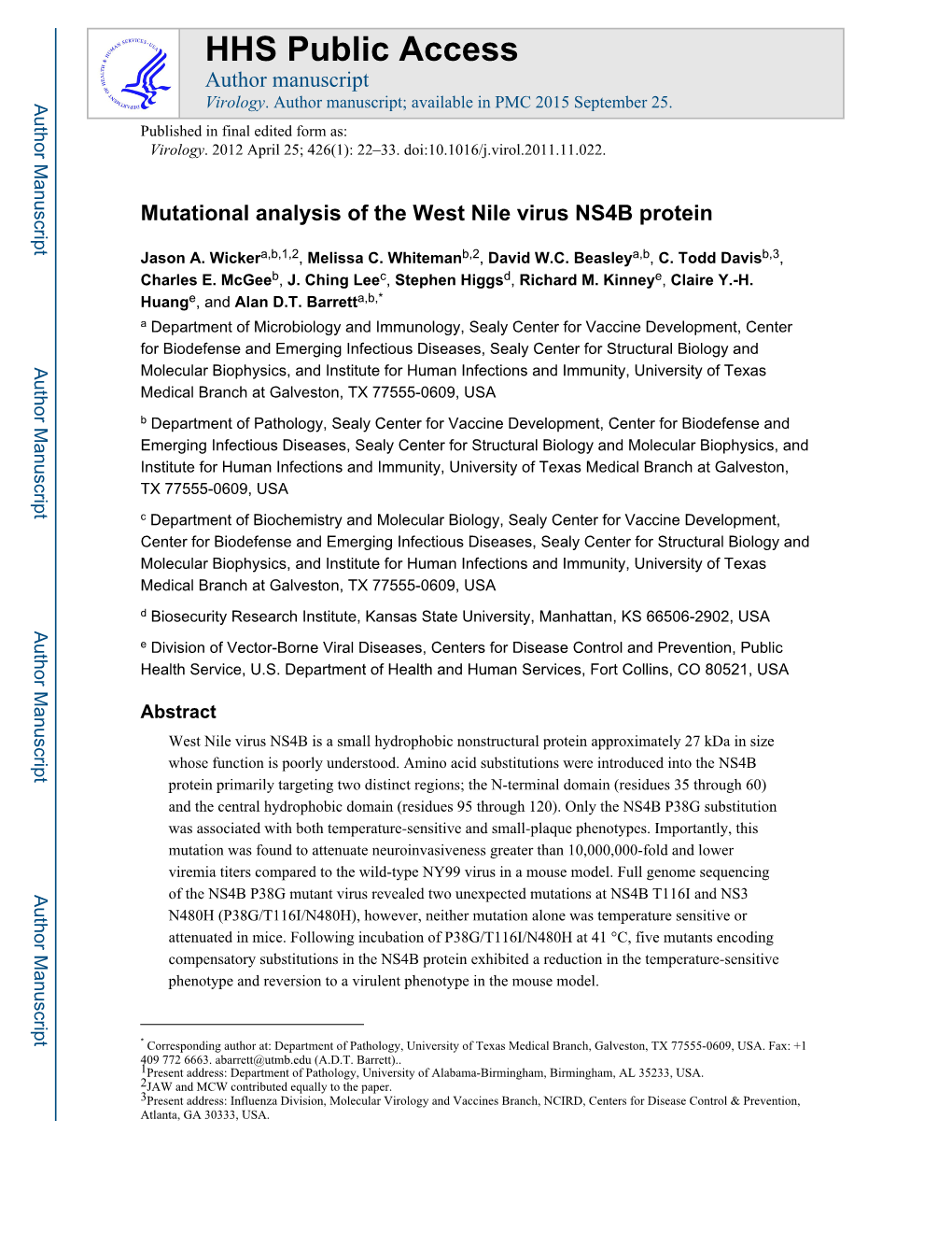 Mutational Analysis of the West Nile Virus NS4B Protein