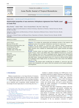 Antimicrobial Properties of Sea Anemone Anthopleura Nigrescens from Pacific Coast of Costa Rica