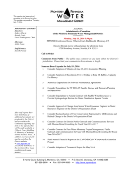 AGENDA Administrative Committee of the Monterey Peninsula Water