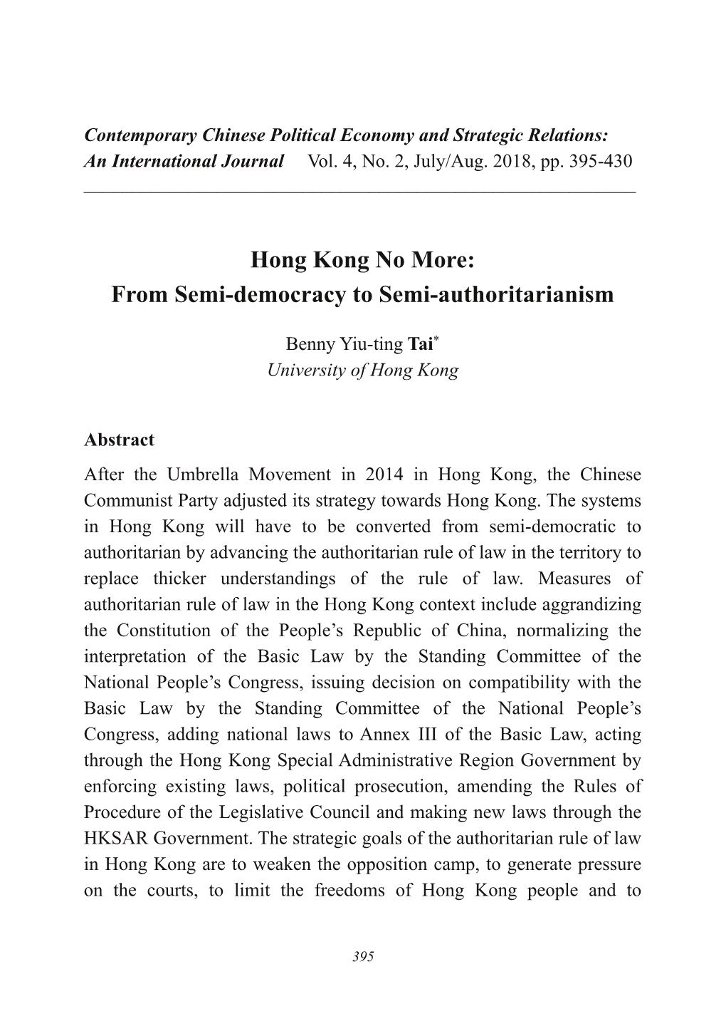 Hong Kong No More: from Semi­Democracy to Semi­Authoritarianism
