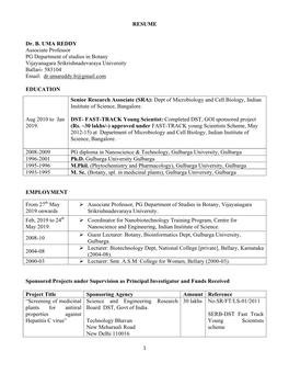 RESUME Dr. B. UMA REDDY Associate Professor PG Department