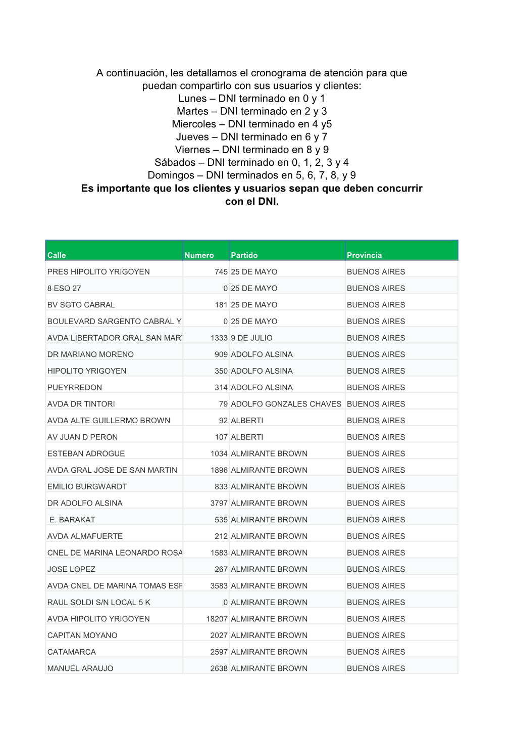 A Continuación, Les Detallamos El Cronograma De Atención Para Que Puedan Compartirlo Con Sus Usuarios Y Clientes: Lunes – DN