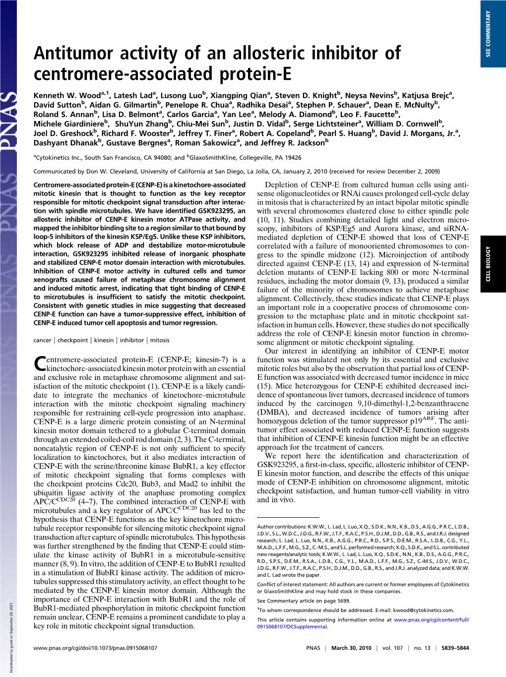 Antitumor Activity of an Allosteric Inhibitor of Centromere-Associated