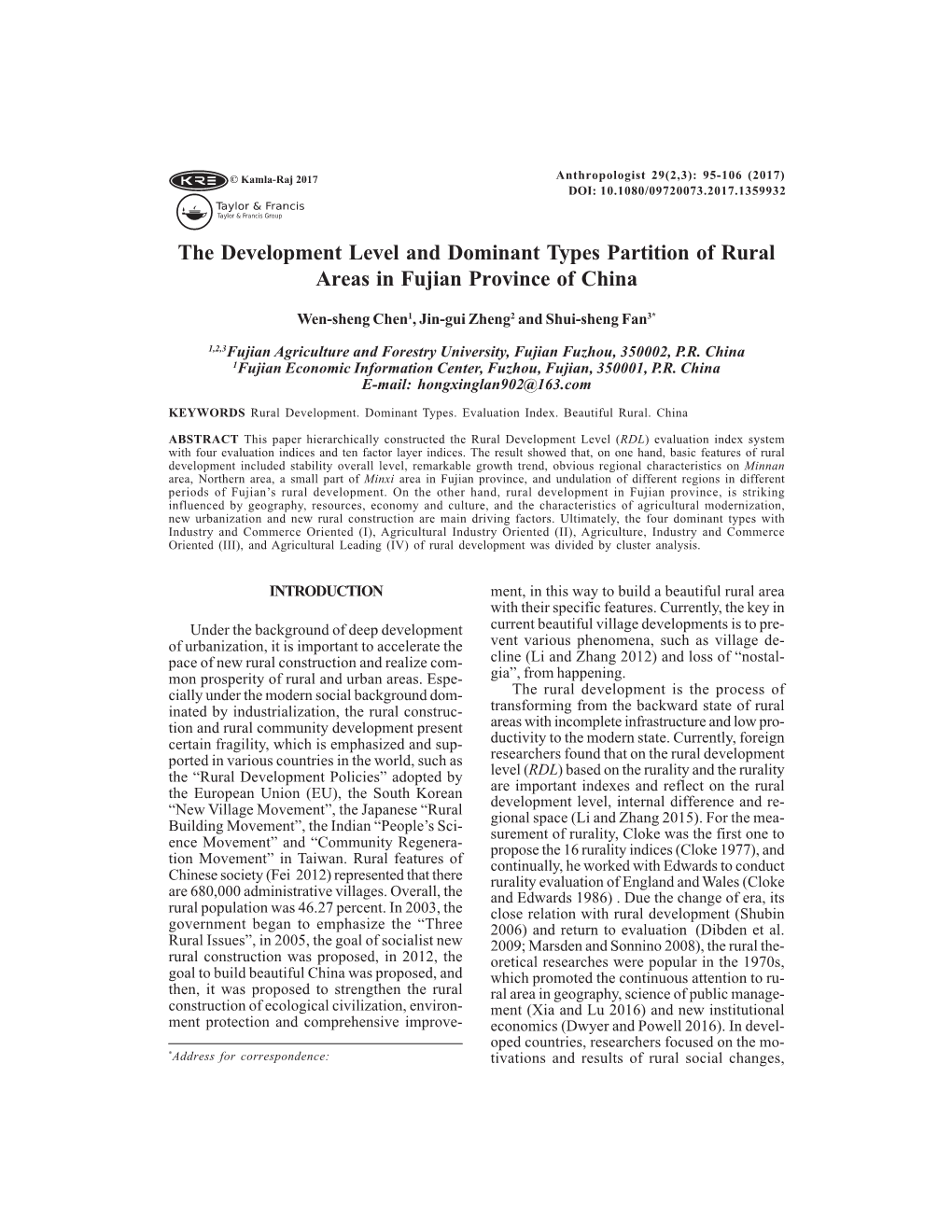 The Development Level and Dominant Types Partition of Rural Areas in Fujian Province of China