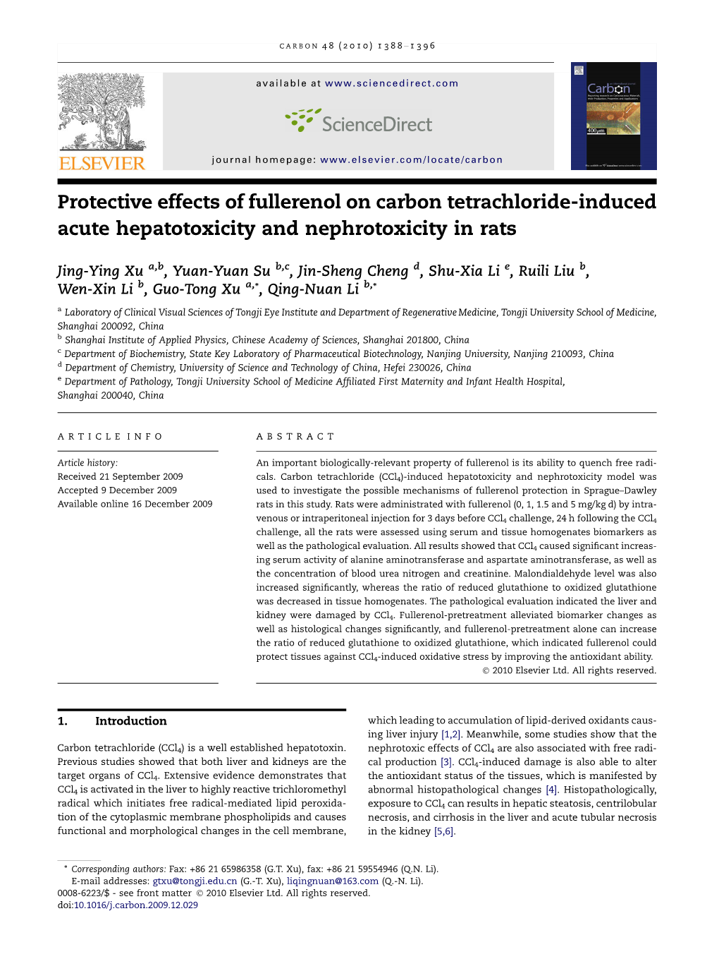 Protective Effects of Fullerenol on Carbon Tetrachloride-Induced Acute Hepatotoxicity and Nephrotoxicity in Rats