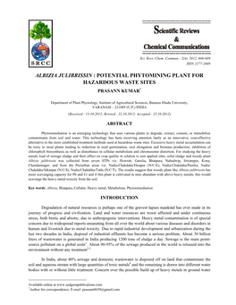 Albizia Julibrissin : Potential Phytomining Plant for Hazardous Waste Sites Prasann Kumar*