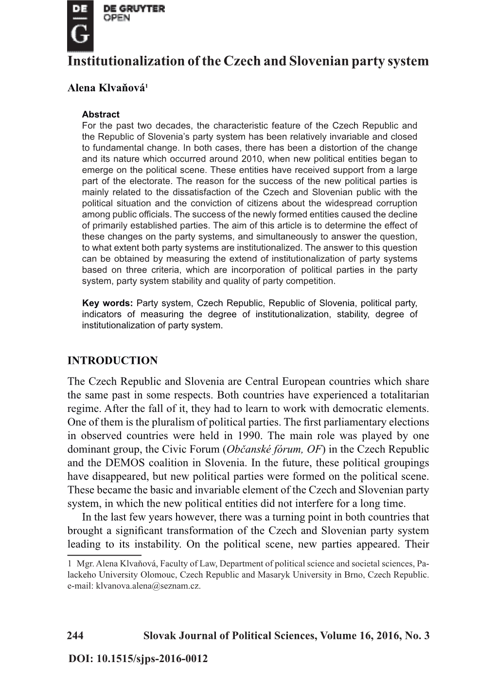 Institutionalization of the Czech and Slovenian Party System