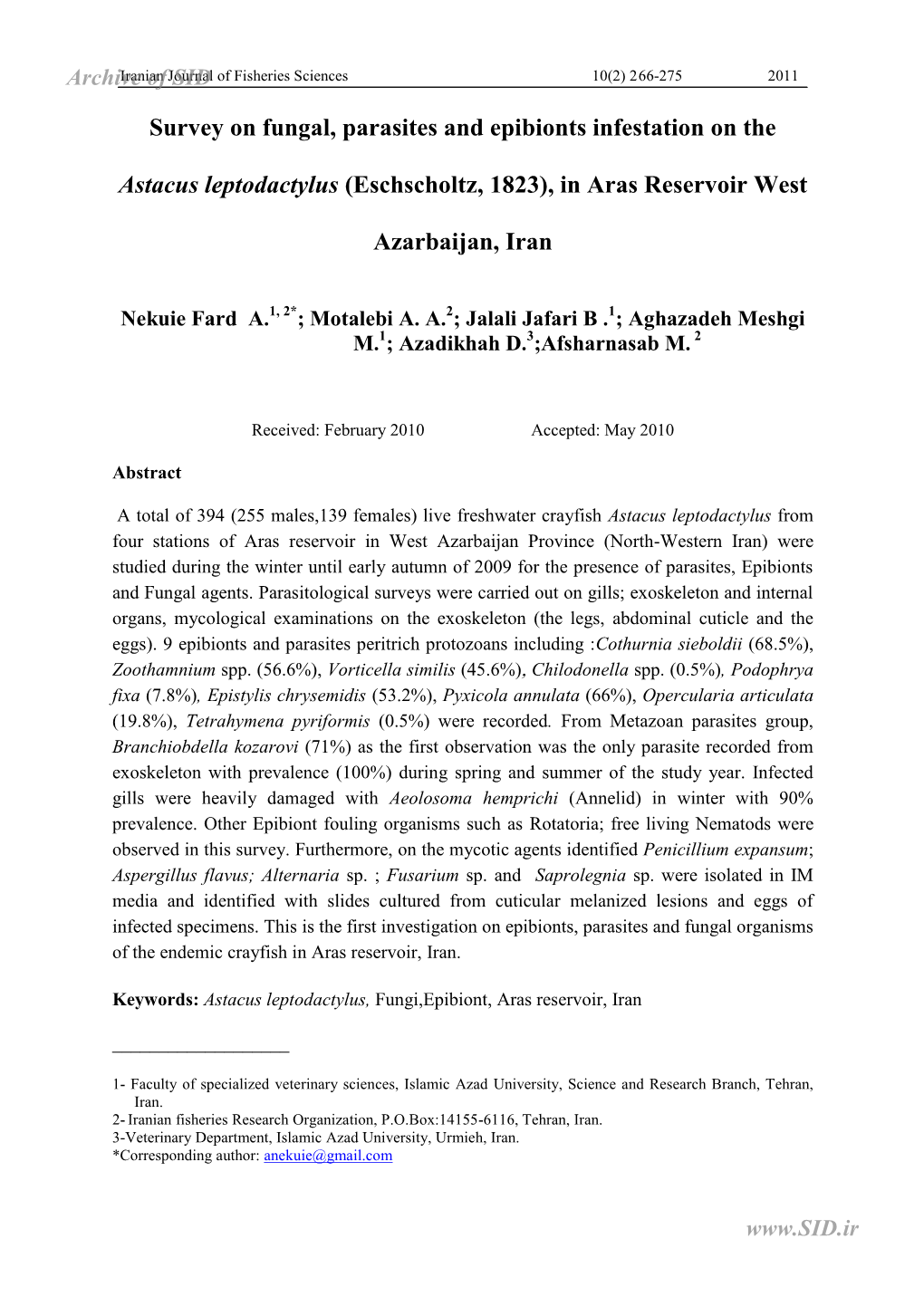 Survey on Fungal, Parasites and Epibionts Infestation on The