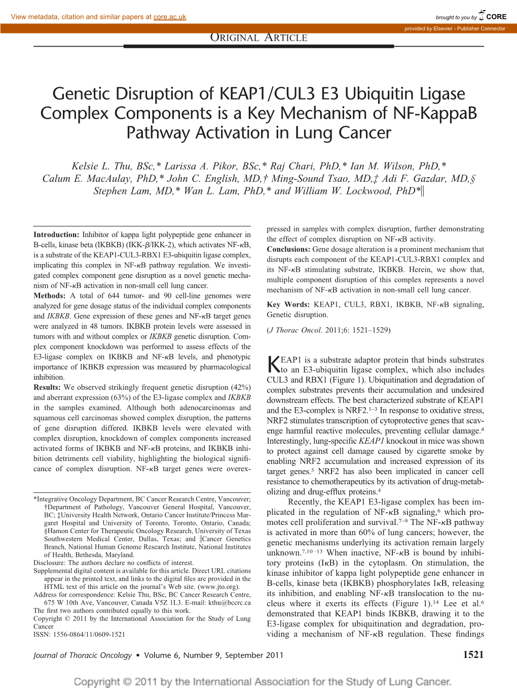 Genetic Disruption of KEAP1/CUL3 E3 Ubiquitin Ligase Complex Components Is a Key Mechanism of NF-Kappab Pathway Activation in Lung Cancer