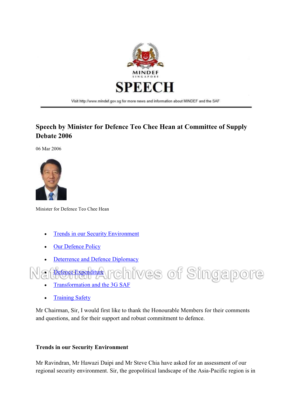 Speech by Minister for Defence Teo Chee Hean at Committee of Supply Debate 2006