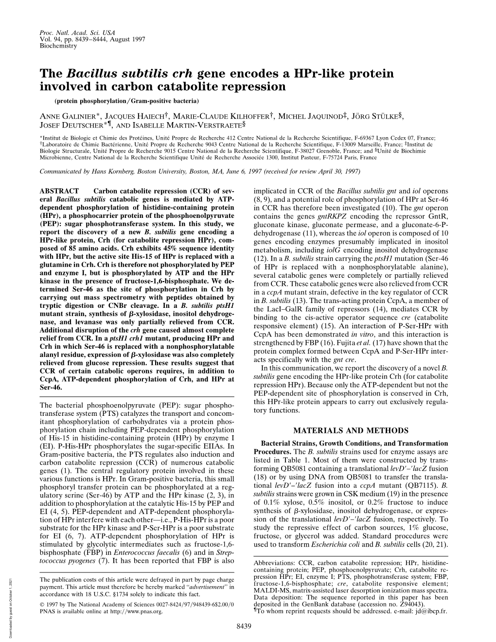 The Bacillus Subtilis Crh Gene Encodes A Hpr-Like Protein Involved In ...