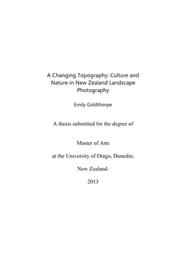 Culture and Nature in New Zealand Landscape Photography a Thesis
