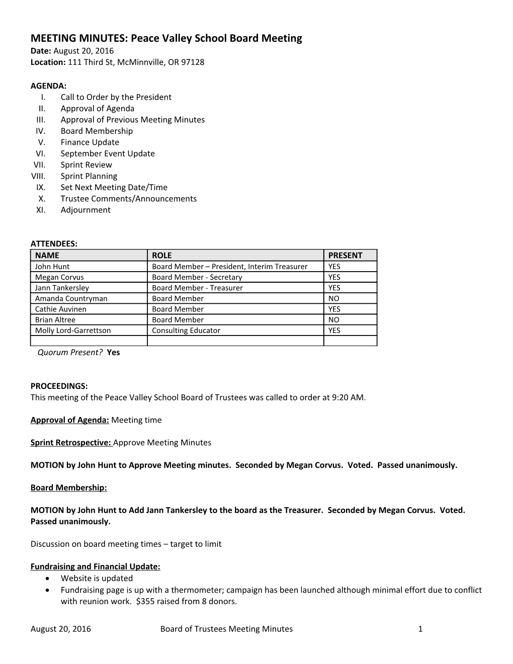 MEETING MINUTES: Peace Valley School Board Meeting