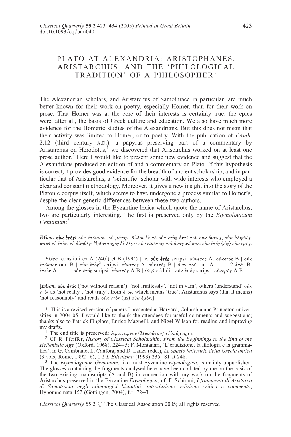 Plato at Alexandria: Aristophanes, Aristarchus, and the ‘Philological Tradition’ of a Philosopher