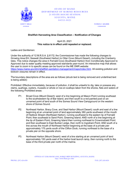 Shellfish Harvesting Area Classification – Notification of Changes