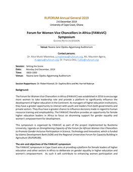 Forum for Women Vice Chancellors in Africa (Fawovc) Symposium GUIDING NOTES on SESSION ______Venue: Naana Jane Opoku-Agyemang Auditorium