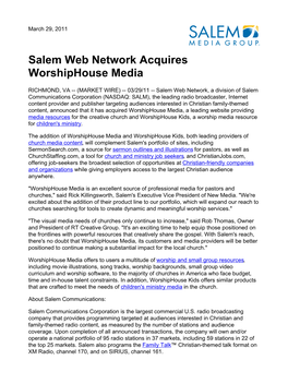 Salem Web Network Acquires Worshiphouse Media