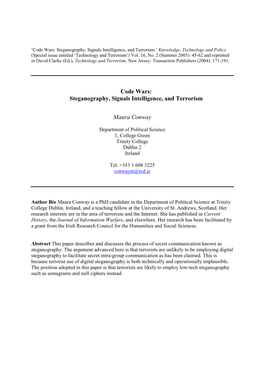 Code Wars: Steganography, Signals Intelligence, and Terrorism Maura