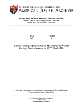 Miscellaneous Wexner Heritage Foundation Events. 1977, 1985-1990