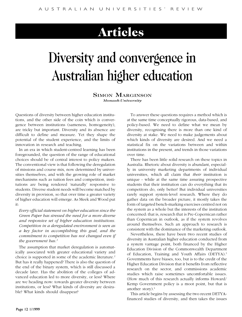 Diversity and Convergence in Australian Higher Education