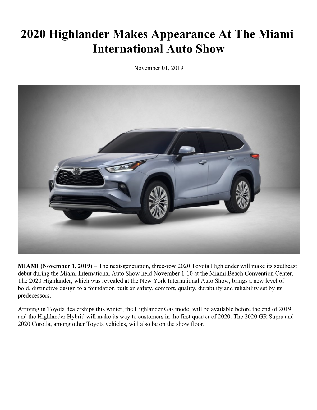 2020 Highlander Makes Appearance at the Miami International Auto Show