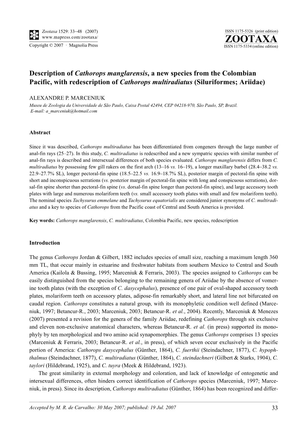 Zootaxa,Description of Cathorops Manglarensis, A