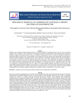 Biological Removal of Ammonia by Naturally Grown Bacteria in Sand Biofilter