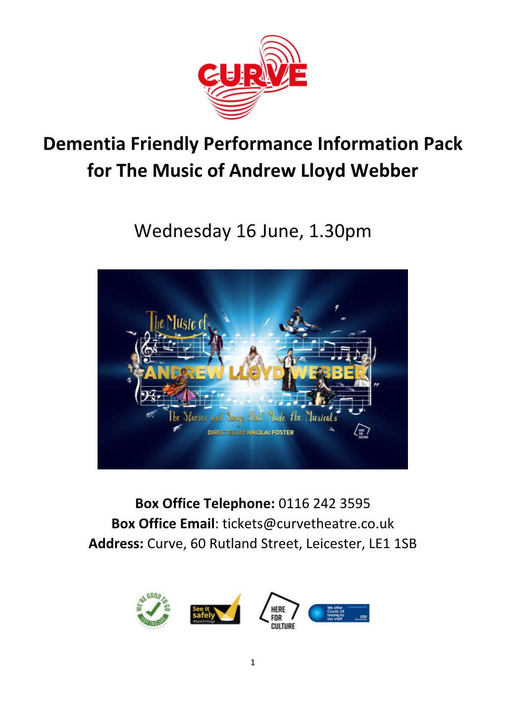 Dementia Friendly Performance Information Pack for the Music of Andrew Lloyd Webber Wednesday 16 June, 1.30Pm