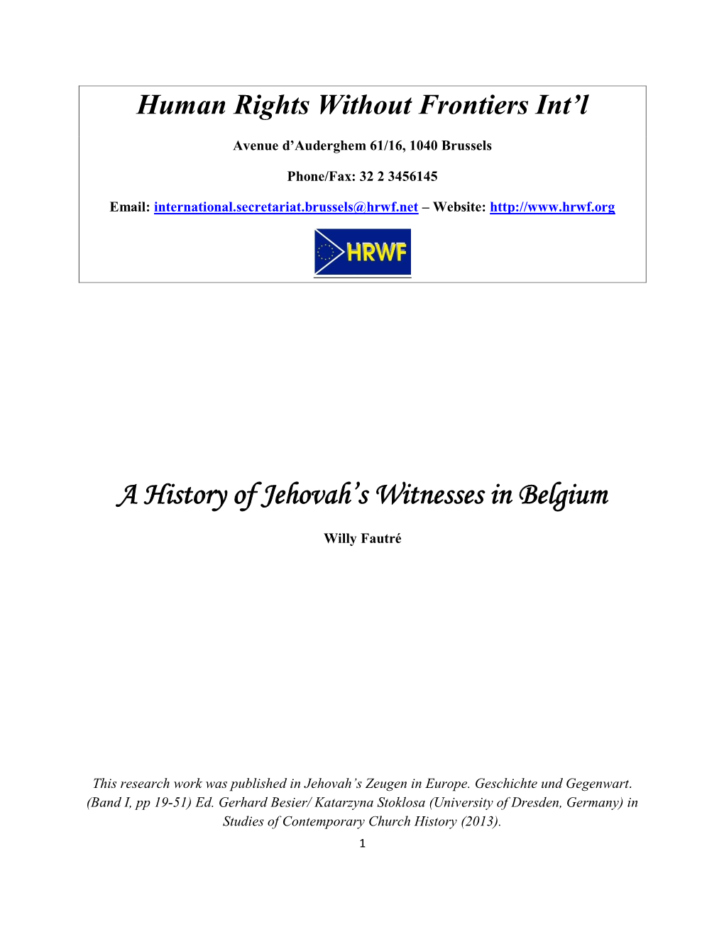 A History of Jehovah's Witnesses in Belgium