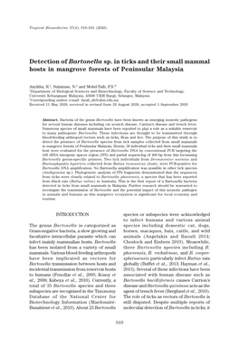 Detection of Bartonella Sp. in Ticks and Their Small Mammal Hosts in Mangrove Forests of Peninsular Malaysia