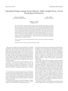 Internalized Stigma Among Sexual Minority Adults: Insights from a Social Psychological Perspective