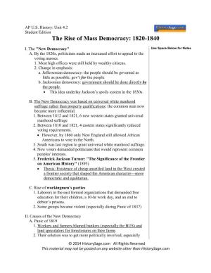 The Rise of Mass Democracy: 1820-1840