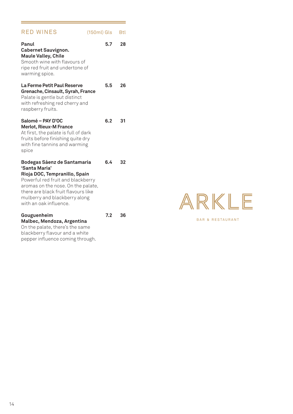 Arkle Drinks Menu