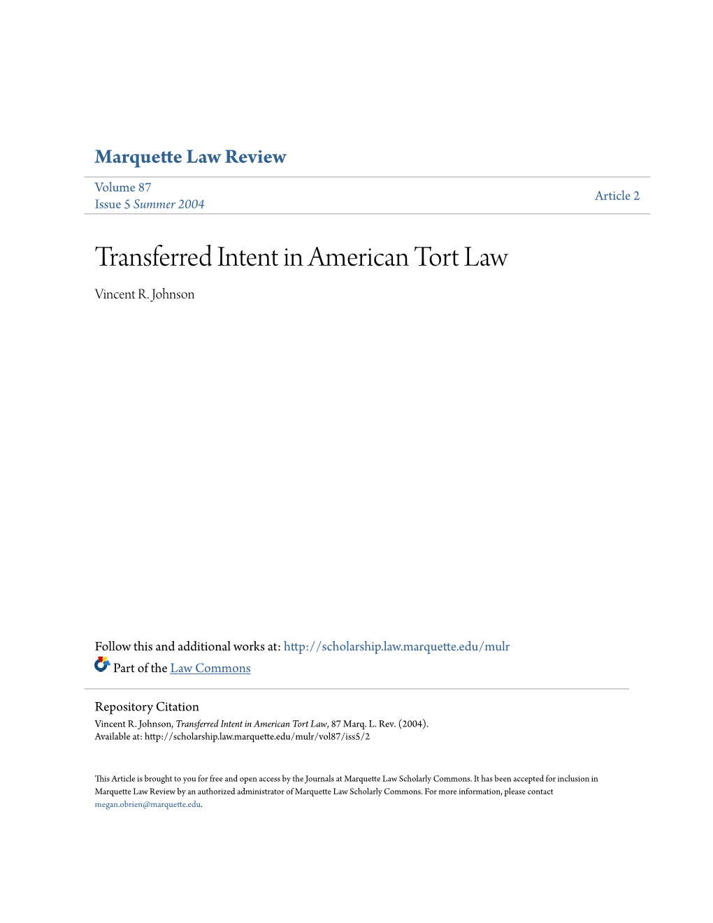 Transferred Intent in American Tort Law Vincent R