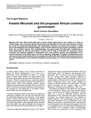 Kwame Nkrumah and the Proposed African Common Government