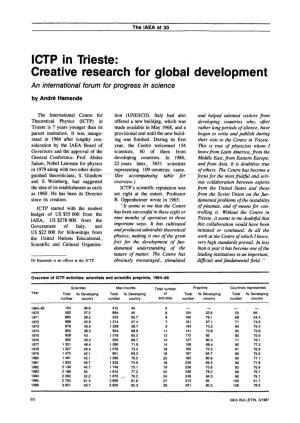 ICTP in Trieste: Creative Research for Global Development an International Forum for Progress in Science