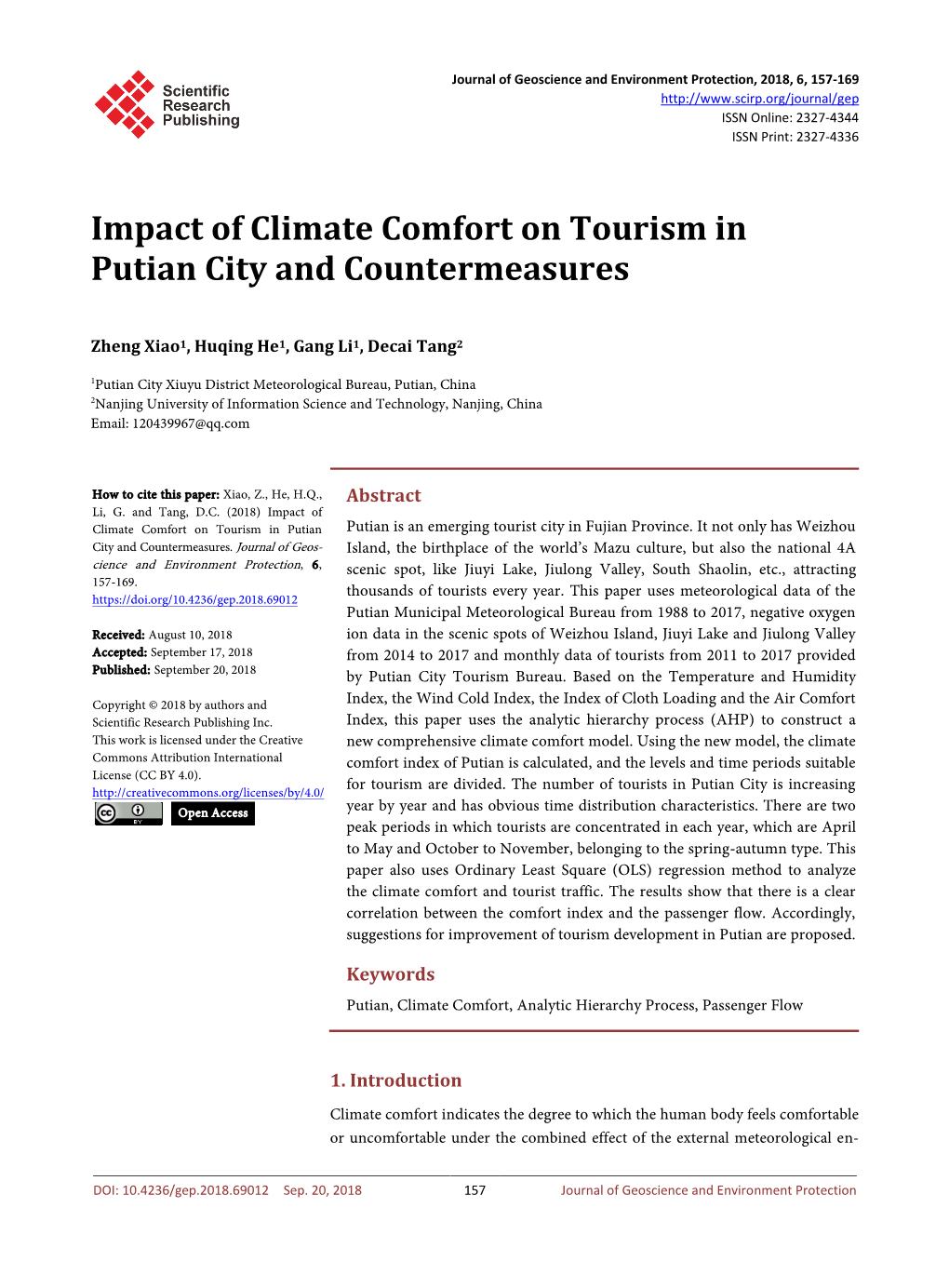 Impact of Climate Comfort on Tourism in Putian City and Countermeasures