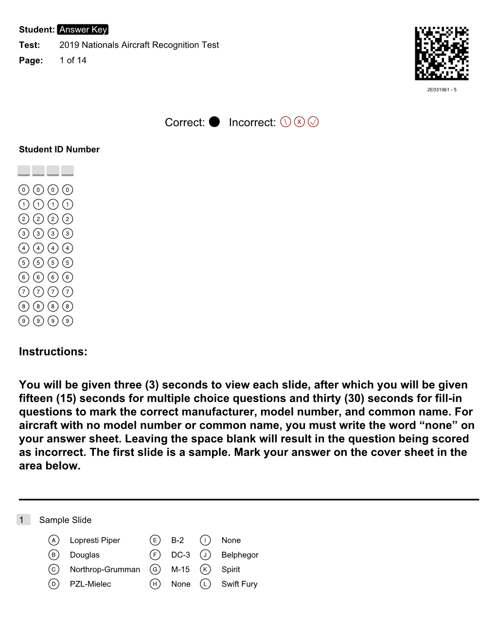 New Aircraft Recognition Answer Sheets