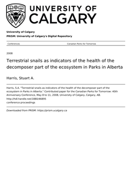 Terrestrial Snails As Indicators of the Health of the Decomposer Part of the Ecosystem in Parks in Alberta