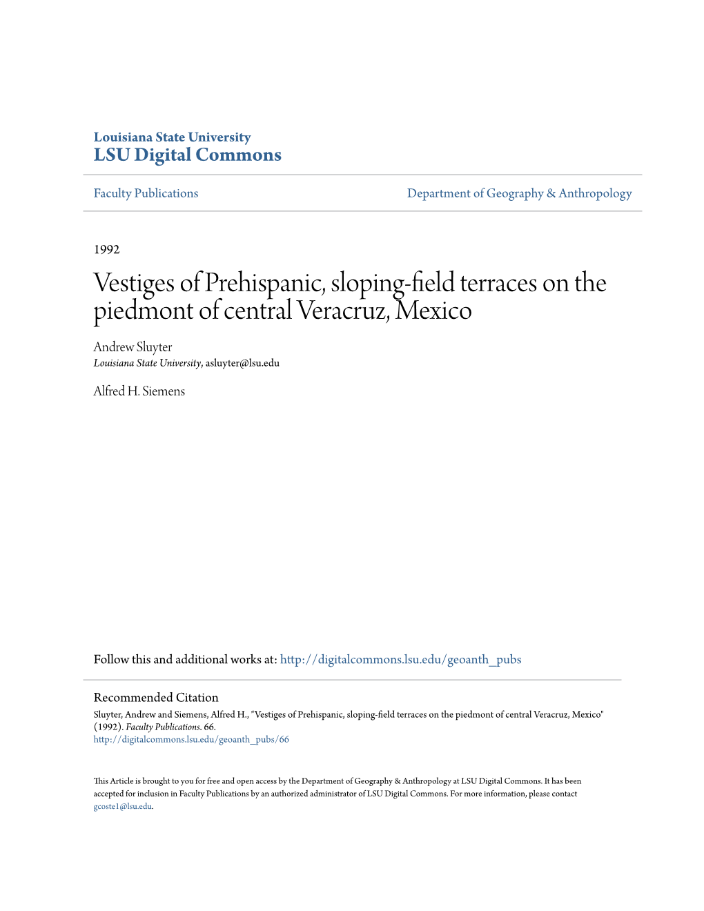 Vestiges of Prehispanic, Sloping-Field Terraces on the Piedmont of Central Veracruz, Mexico" (1992)