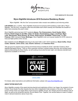 Wynn Nightlife Introduces 2018 Exclusive Residency Roster