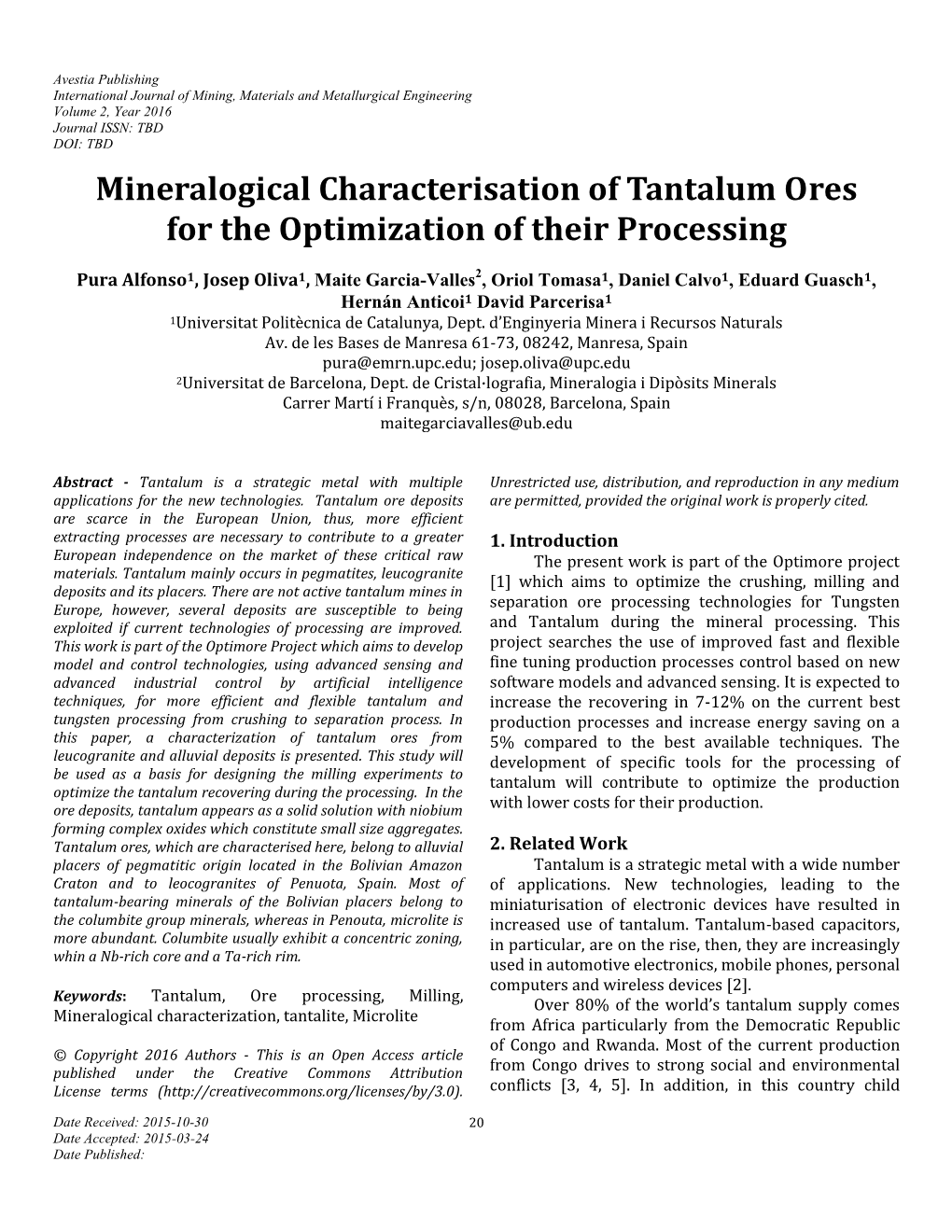 Mineralogical Characterisation of Tantalum Ores for the Optimization of Their Processing