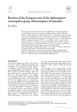 Revision of the European Ants of the Aphaenogaster Testaceopilosa-Group (Hymenoptera: Formicidae) Peter Boer