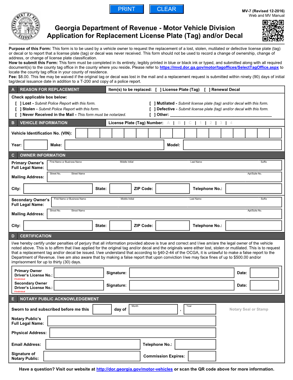 MV-7 Application for a Replacement License Plate (Tag) and Or Decal