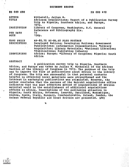 Africana Acquisitions; Report of a Publication Survey Trip to Nigeria, Southern Africa, and Europe, 1972