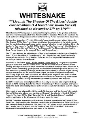 WHITESNAKE ***‘Live…In the Shadow of the Blues’ Double Concert Album (+ 4 Brand New Studio Tracks!) Released on November 27Th on SPV***