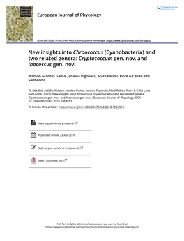 New Insights Into Chroococcus (Cyanobacteria) and Two Related Genera: Cryptococcum Gen. Nov. and Inacoccus Gen. Nov
