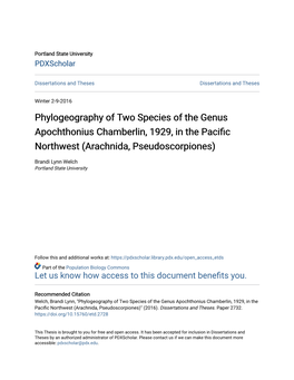 Phylogeography of Two Species of the Genus Apochthonius Chamberlin, 1929, in the Pacific Northwest (Arachnida, Pseudoscorpiones)