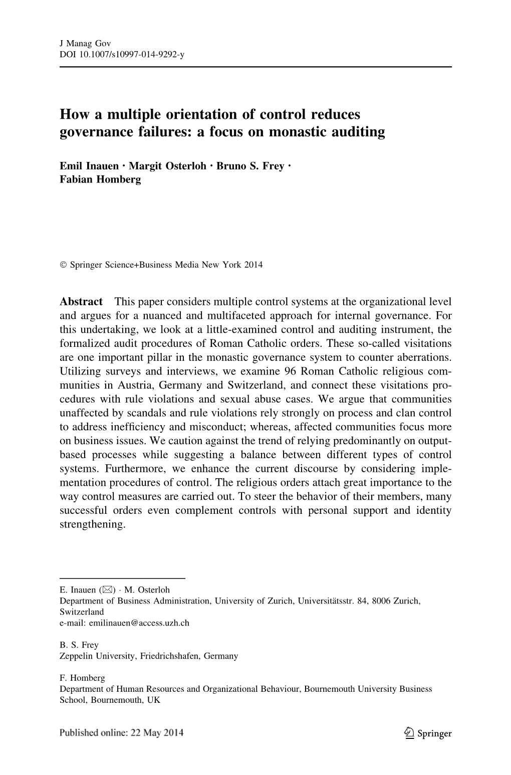 How a Multiple Orientation of Control Reduces Governance Failures: a Focus on Monastic Auditing