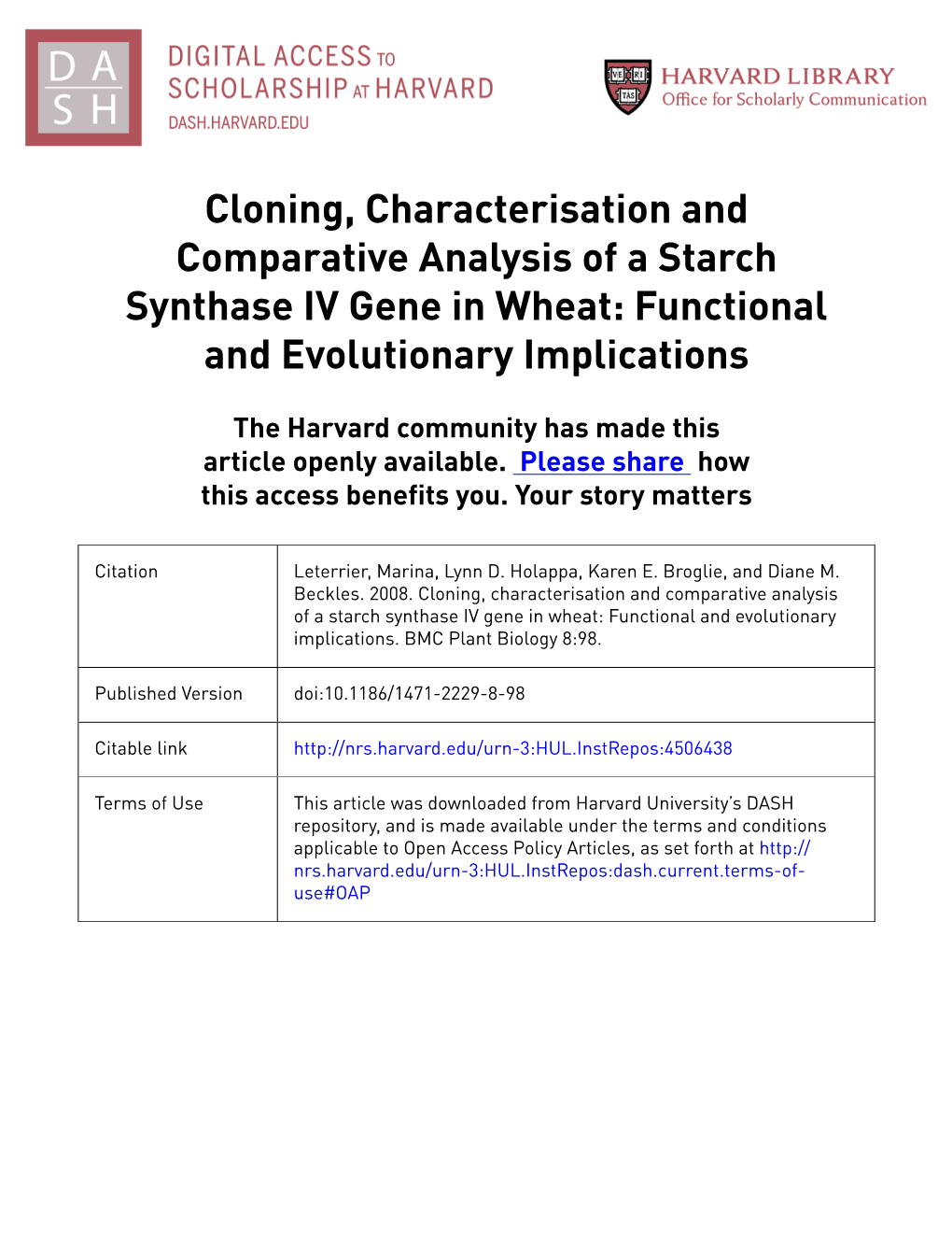 Cloning, Characterisation and Comparative Analysis of a Starch Synthase IV Gene in Wheat: Functional and Evolutionary Implications